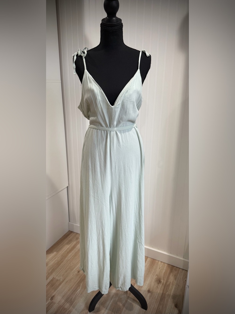 H&M Pale Mint Tie-Strap V-Neck Wide-Leg Jumpsuit